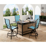 Hanover Fire Pit Dining Set Hanover Traditions 5-Piece Aluminium Frame High-Dining Set in Blue with 4 Padded Counter-Height Swivel Chairs and a 30,000 BTU Fire Pit Dining Table | TRAD5PCPFPDBR-BLU