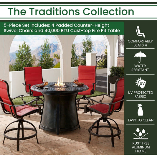 Hanover Fire Pit Dining Set Hanover Traditions 5-Piece Aluminium Frame High-Dining Set in Red with 4 Padded Counter-Height Swivel Chairs and 40,000 BTU Cast-top Fire Pit Table | TRAD5PCPFPDRD-BR-R