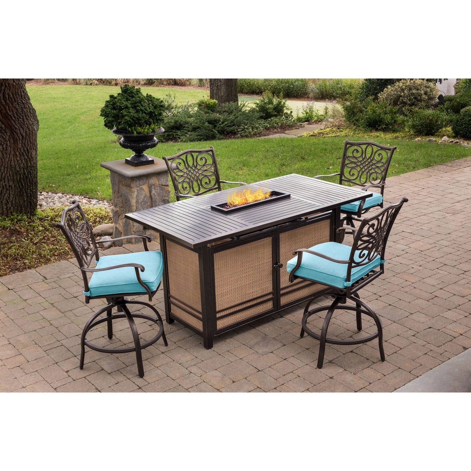 Hanover Fire Pit Dining Set Hanover Traditions 5-Piece Aluminum Frame High-Dining Set in Blue with 4 Swivel Chairs and a Fire Pit Dining Table | TRAD5PCFPBR-BLU