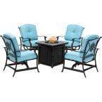 Hanover Fire Pit Dining Set Hanover - Traditions 5-Piece Aluminum Patio Fire Pit Conversation Set with Blue Cushions, 4 Rockers and Square Fire Pit Table - TRAD5PCFPSQ-BLU