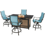 Hanover Fire Pit Dining Set Hanover Traditions 5-Piece High-Dining Set in Blue with 4 Padded Counter-Height Swivel Chairs and a 30,000 BTU Fire Pit Dining Table