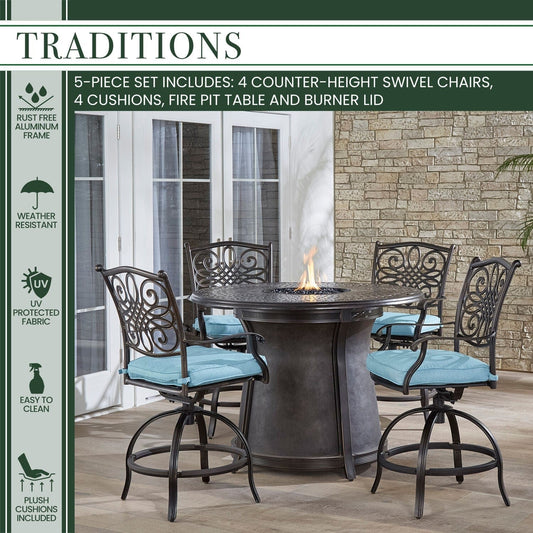 Hanover Fire Pit Dining Set Hanover Traditions 5-Piece High-Dining Set in Blue with 4 Swivel Chairs | 48" Round Cast Top Fire Pit Table | 40,000 BTU | TRAD5PCFPRD-BR-B