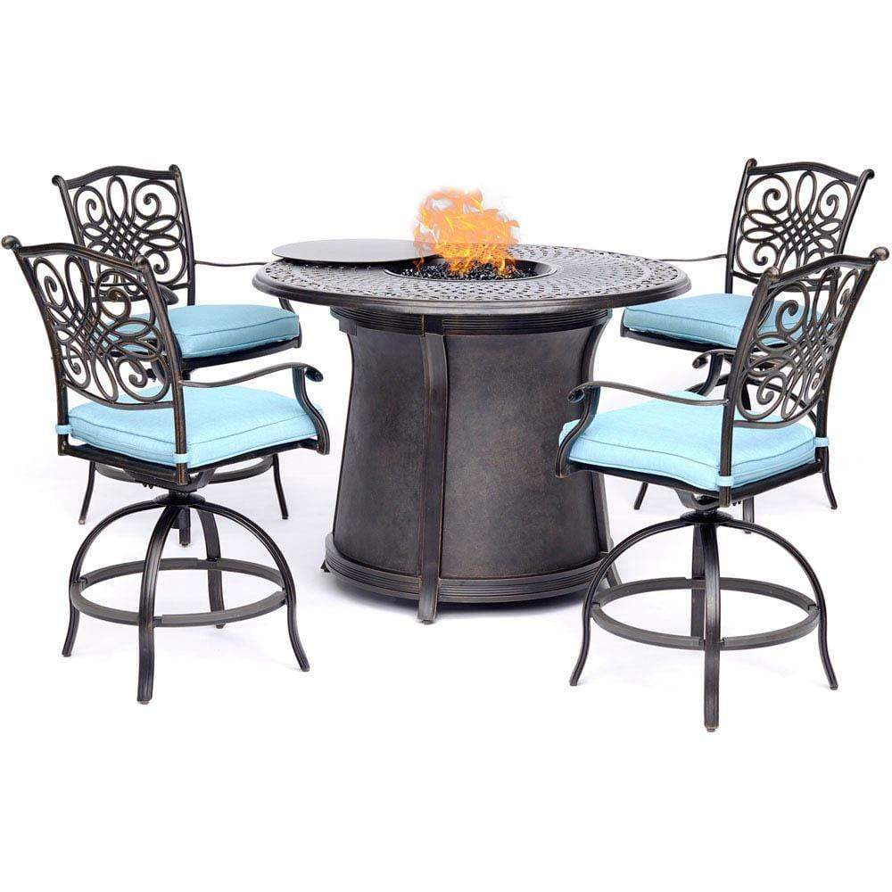 Hanover Fire Pit Dining Set Hanover Traditions 5-Piece High-Dining Set in Blue with 4 Swivel Chairs and a 40,000 BTU Cast-top Fire Pit Table - TRAD5PCFPRD-BR-B