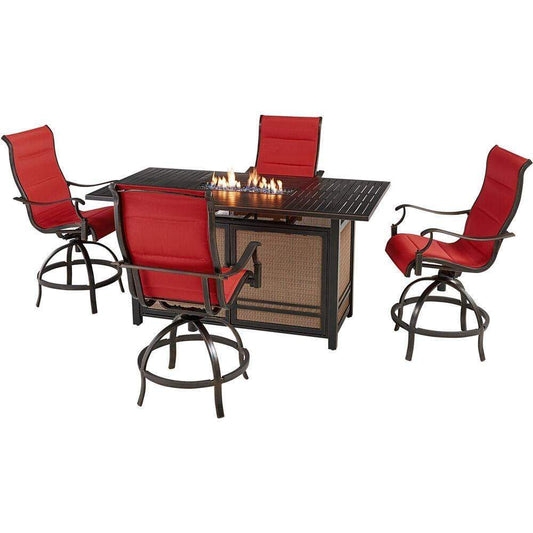 Hanover Fire Pit Dining Set Hanover Traditions 5-Piece High-Dining Set in Red with 4 Padded Counter-Height Swivel Chairs and a 30,000 BTU Fire Pit Dining Table