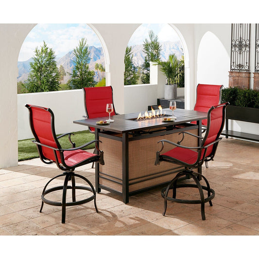 Hanover Fire Pit Dining Set Hanover Traditions 5-Piece High-Dining Set in Red with 4 Padded Counter-Height Swivel Chairs and a 30,000 BTU Fire Pit Dining Table