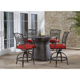 Hanover Fire Pit Dining Set Hanover Traditions 5-Piece High-Dining Set in Red with 4 Swivel Chairs | 48" Round Cast Top Fire Pit Table | 40,000 BTU | TRAD5PCFPRD-BR-R