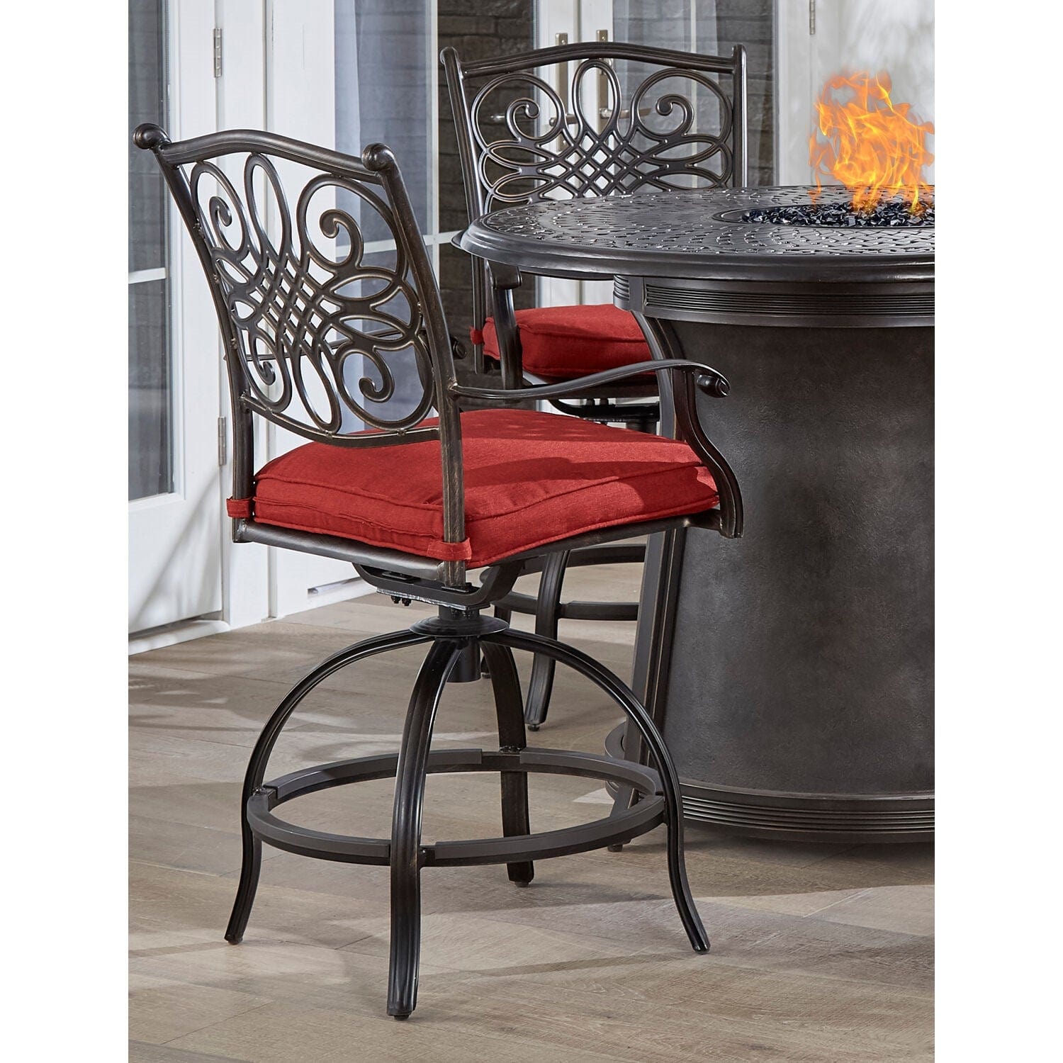 Hanover Fire Pit Dining Set Hanover Traditions 5-Piece High-Dining Set in Red with 4 Swivel Chairs | 48" Round Cast Top Fire Pit Table | 40,000 BTU | TRAD5PCFPRD-BR-R