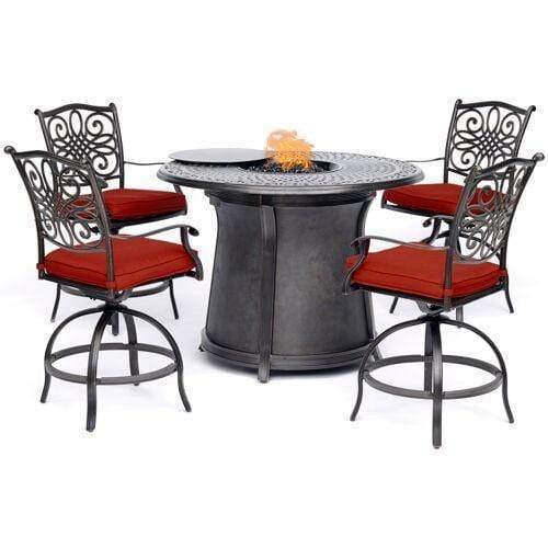 Hanover Fire Pit Dining Set Hanover Traditions 5-Piece High-Dining Set in Red with 4 Swivel Chairs and a 40,000 BTU Cast-top Fire Pit Table - TRAD5PCFPRD-BR-R