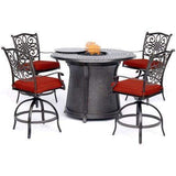 Hanover Fire Pit Dining Set Hanover Traditions 5-Piece High-Dining Set in Red with 4 Swivel Chairs and a 40,000 BTU Cast-top Fire Pit Table - TRAD5PCFPRD-BR-R