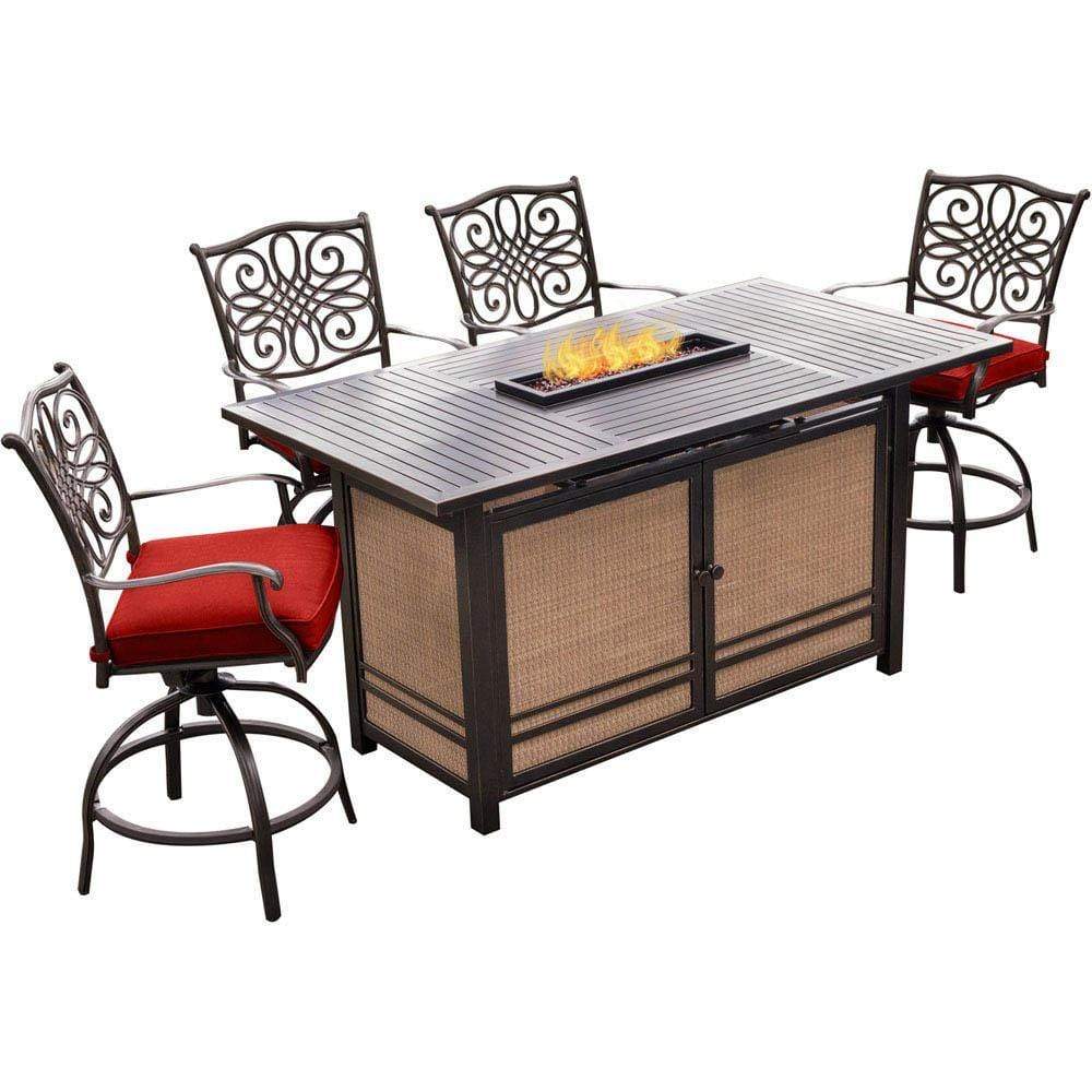 Hanover Fire Pit Dining Set Hanover - Traditions 5-Piece High-Dining Set in Red with 4 Tall Swivel Chairs and a 30,000 BTU Fire Pit Dining Table - TRAD5PCFPBR-RED