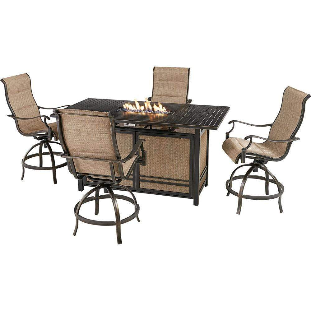 Hanover Fire Pit Dining Set Hanover Traditions 5-Piece High-Dining Set in Tan with 4 Padded Counter-Height Swivel Chairs and a 30,000 BTU Fire Pit Dining Table