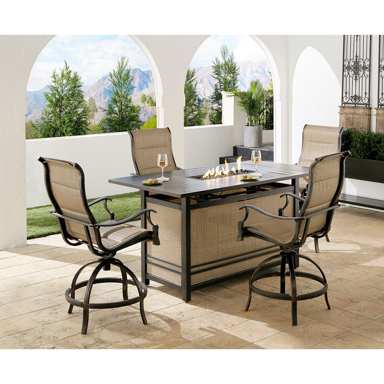 Hanover Fire Pit Dining Set Hanover Traditions 5-Piece High-Dining Set in Tan with 4 Padded Counter-Height Swivel Chairs and a 30,000 BTU Fire Pit Dining Table | TRAD5PCPFPDBR-TAN