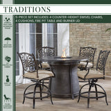 Hanover Fire Pit Dining Set Hanover Traditions 5-Piece High-Dining Set in Tan with 4 Swivel Chairs | 48" Round Cast Top Fire Pit Table | 40,000 BTU | TRAD5PCFPRD-BR