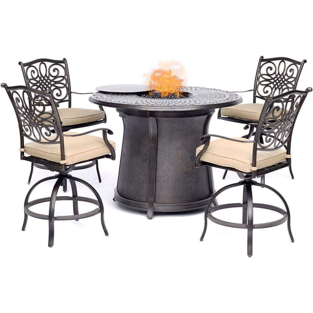 Hanover Fire Pit Dining Set Hanover Traditions 5-Piece High-Dining Set in Tan with 4 Swivel Chairs and a 40,000 BTU Cast-top Fire Pit Table