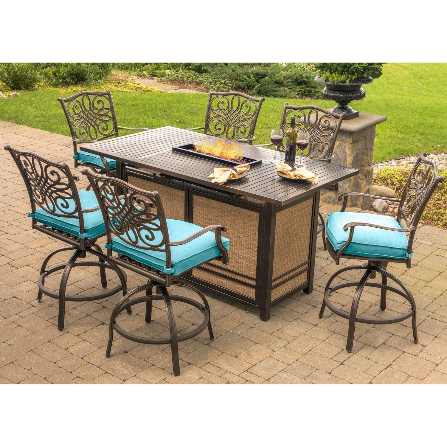 Hanover Fire Pit Dining Set Hanover - Traditions 7-Piece Aluminium Frame High-Dining Set in Blue with 30,000 BTU Fire Pit Table | TRAD7PCFPBR-BLU
