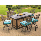 Hanover Fire Pit Dining Set Hanover - Traditions 7-Piece Aluminium Frame High-Dining Set in Blue with 30,000 BTU Fire Pit Table | TRAD7PCFPBR-BLU