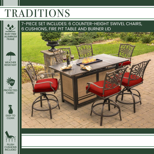 Hanover Fire Pit Dining Set Hanover - Traditions 7 Piece Aluminum Frame High-Dining Set in Red with 30,000 BTU Fire Pit Table | TRAD7PCFPBR-RED