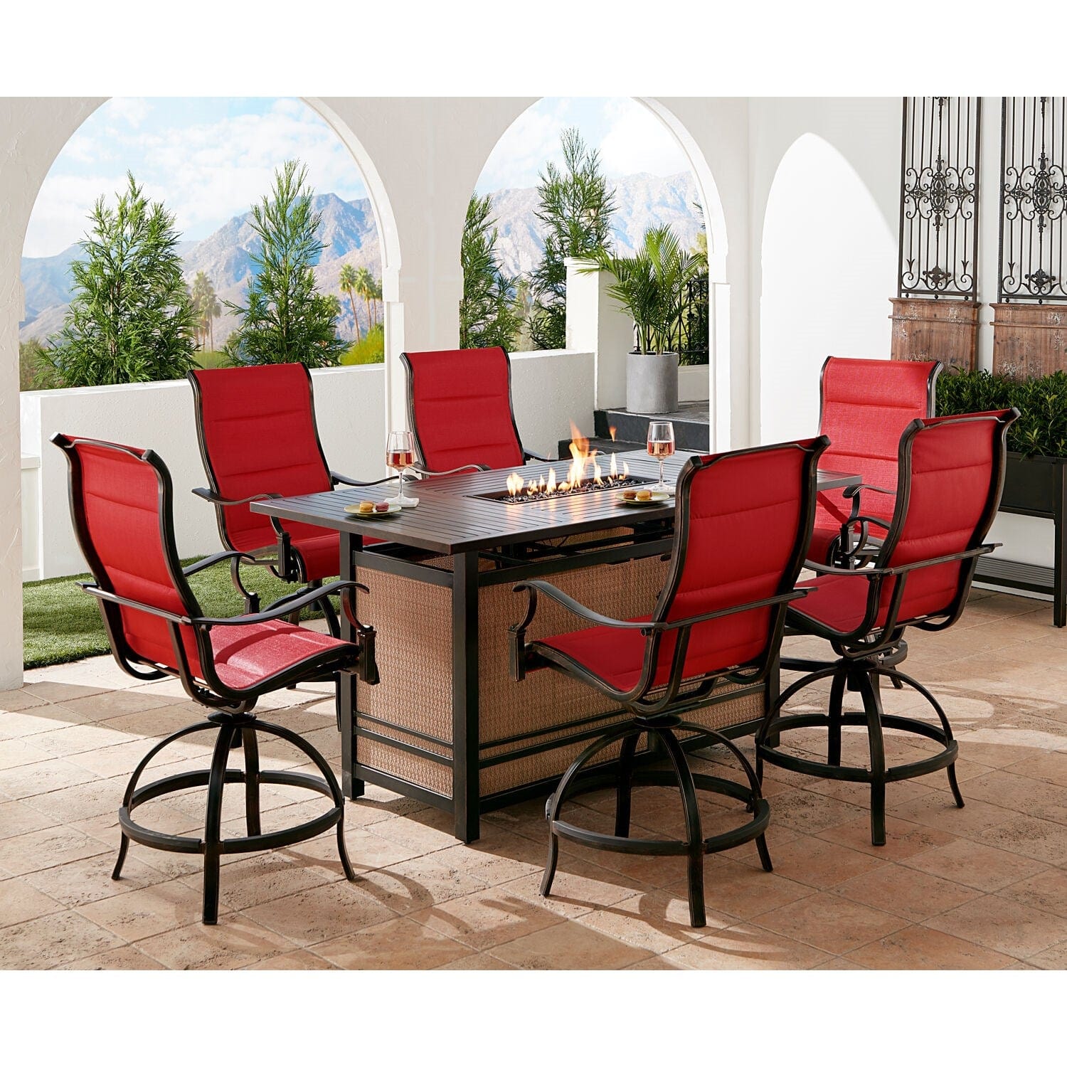 Hanover Fire Pit Dining Set Hanover - Traditions 7-Piece Aluminum Frame High-Dining Set in Red with 6 Padded Counter-Height Swivel Chairs and a 30,000 BTU Fire Pit Dining Table | TRAD7PCPFPDBR-RED