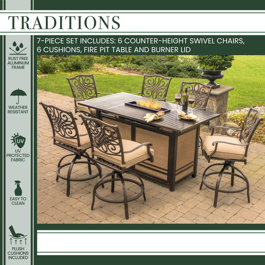 Hanover Fire Pit Dining Set Hanover - Traditions 7 Piece Aluminum Frame High Dining Set in Tan with 30,000 BTU Fire Pit Table | TRAD7PCFPBR