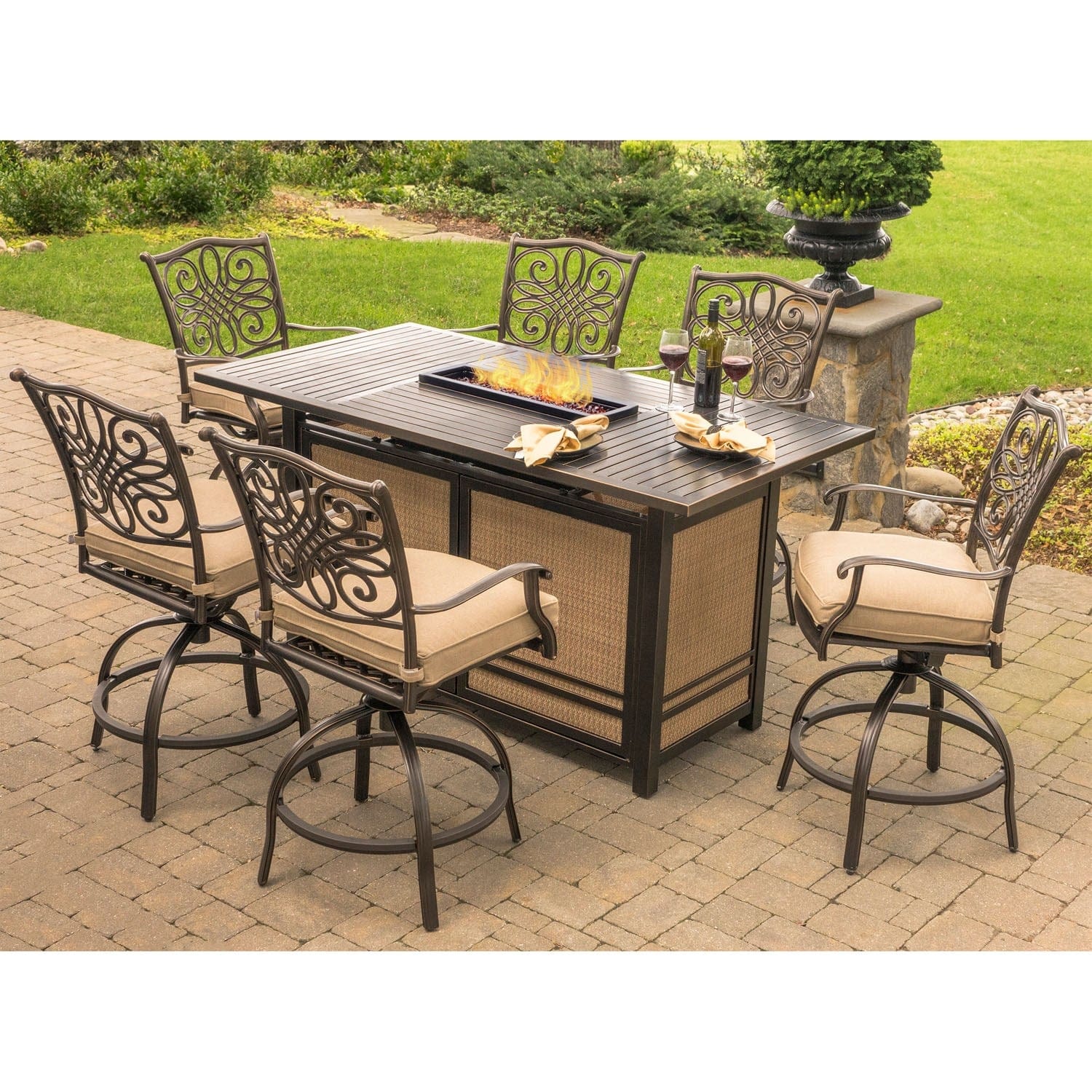 Hanover Fire Pit Dining Set Hanover - Traditions 7 Piece Aluminum Frame High Dining Set in Tan with 30,000 BTU Fire Pit Table | TRAD7PCFPBR