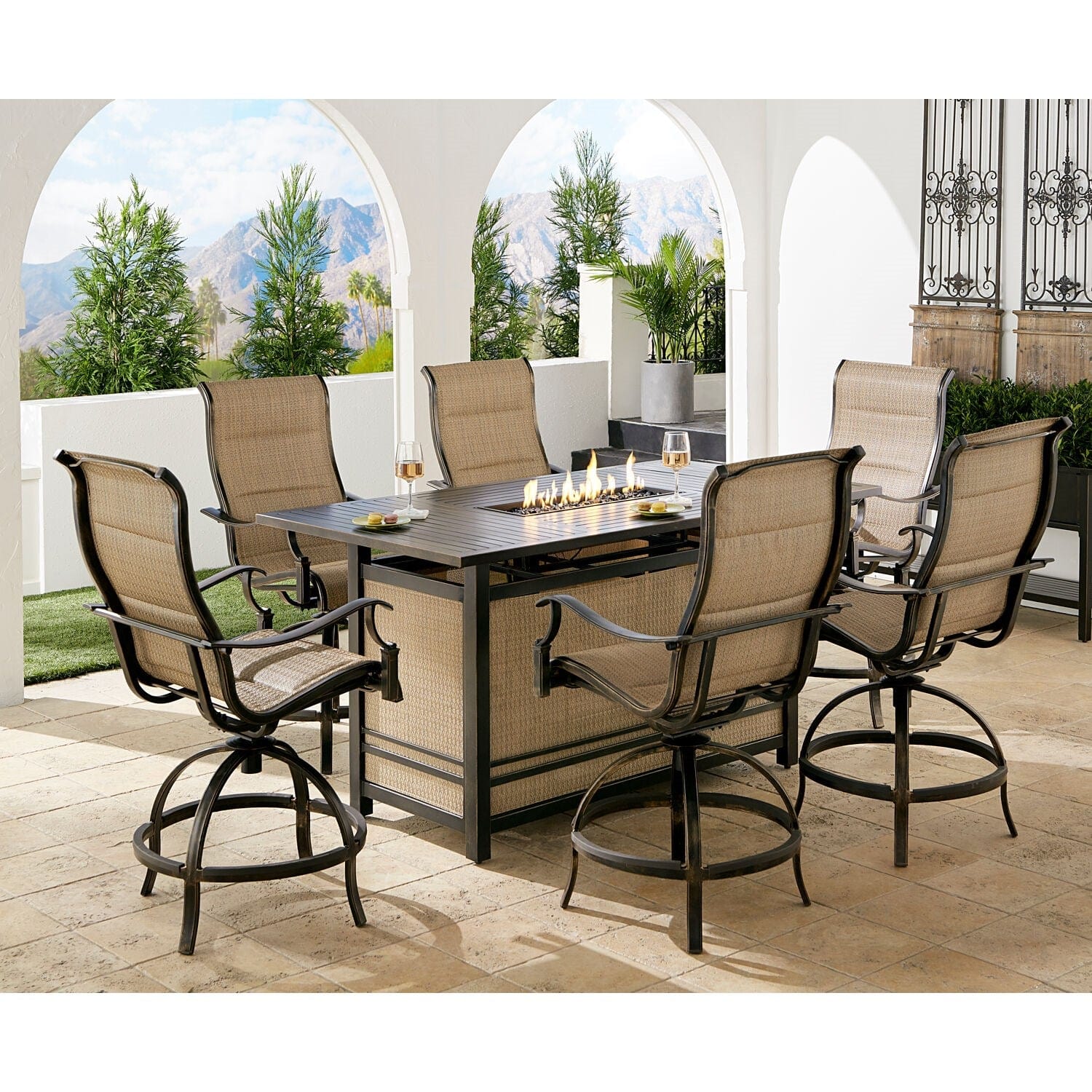 Hanover Fire Pit Dining Set Hanover - Traditions 7-Piece Aluminum Frame High-Dining Set in Tan with 6 Padded Counter-Height Swivel Chairs and a 30,000 BTU Fire Pit Dining Table | TRAD7PCPFPDBR-TAN