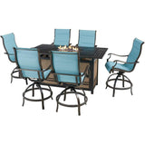 Hanover Fire Pit Dining Set Hanover Traditions 7-Piece High-Dining Set in Blue with 6 Padded Counter-Height Swivel Chairs and a 30,000 BTU Fire Pit Dining Table
