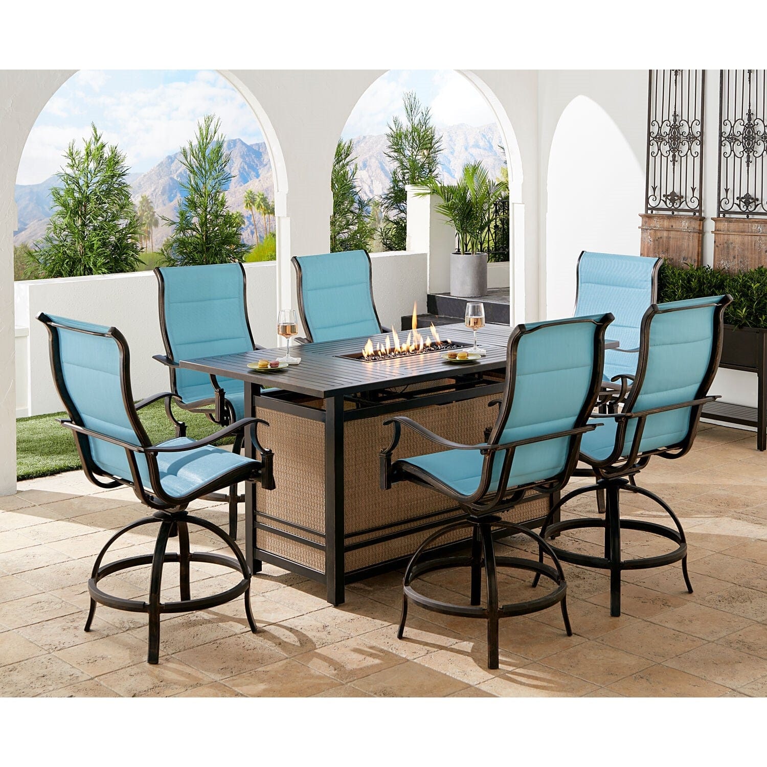Hanover Fire Pit Dining Set Hanover Traditions 7-Piece High-Dining Set in Blue with 6 Padded Counter-Height Swivel Chairs and a 30,000 BTU Fire Pit Dining Table | TRAD7PCPFPDBR-BLU