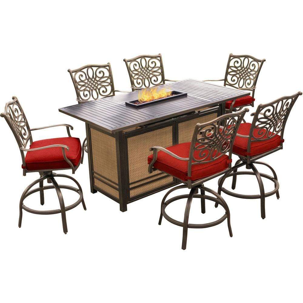 Hanover Fire Pit Dining Set Hanover - Traditions 7-Piece High-Dining Set in Red with 30,000 BTU Fire Pit Table - TRAD7PCFPBR-RED