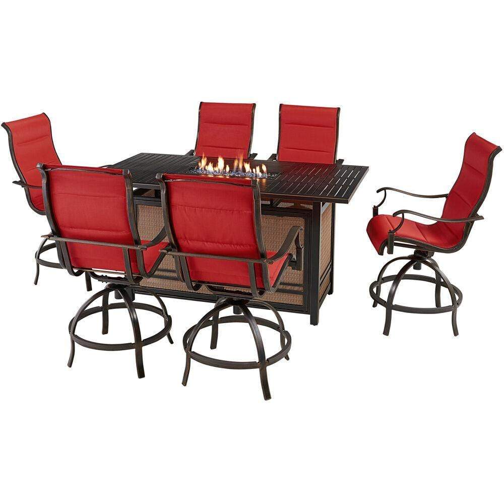 Hanover Fire Pit Dining Set Hanover Traditions 7-Piece High-Dining Set in Red with 6 Padded Counter-Height Swivel Chairs and a 30,000 BTU Fire Pit Dining Table