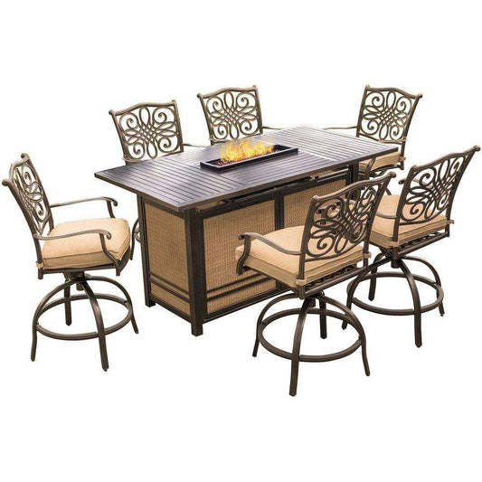 Hanover Fire Pit Dining Set Hanover - Traditions 7-Piece High-Dining Set in Tan with 30,000 BTU Fire Pit Table - TRAD7PCFPBR