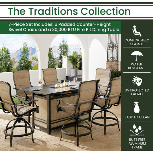 Hanover Fire Pit Dining Set Hanover Traditions 7-Piece High-Dining Set in Tan with 6 Padded Counter-Height Swivel Chairs and a 30,000 BTU Fire Pit Dining Table | TRAD7PCPFPDBR-TAN