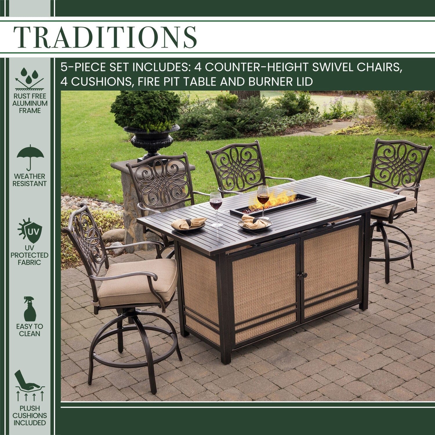 Hanover Fire Pit Dining Set Hanover Traditions5pc Fire Pit High Dining: 4 Counter Swivel  Rkrs, 1 Fire Pit Table | Tan/Bronze | TRAD5PCFPBR