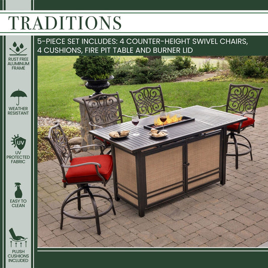 Hanover Fire Pit Dining Set Hanover - Traditions5pc Fire Pit High Dining: 4 Counter Swivel Rockers, 1 Fire Pit Table | Red/Bronze | TRAD5PCFPBR-RED