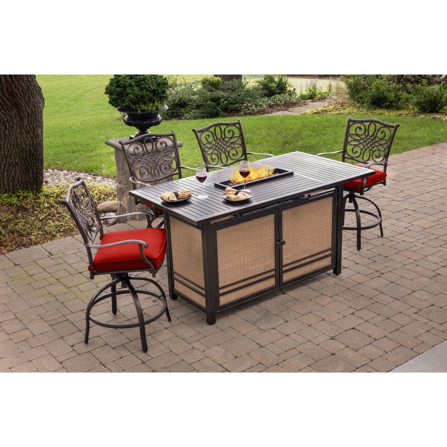 Hanover Fire Pit Dining Set Hanover - Traditions5pc Fire Pit High Dining: 4 Counter Swivel Rockers, 1 Fire Pit Table | Red/Bronze | TRAD5PCFPBR-RED