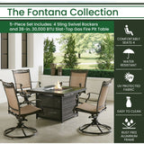 Hanover Fire Table Dining Set Hanover - Fontana 5 Piece Fire Pit: 4 Sling Swivel Rockers, 38" Square Slat Top Fire Pit | FNT5PCSLSW4FP