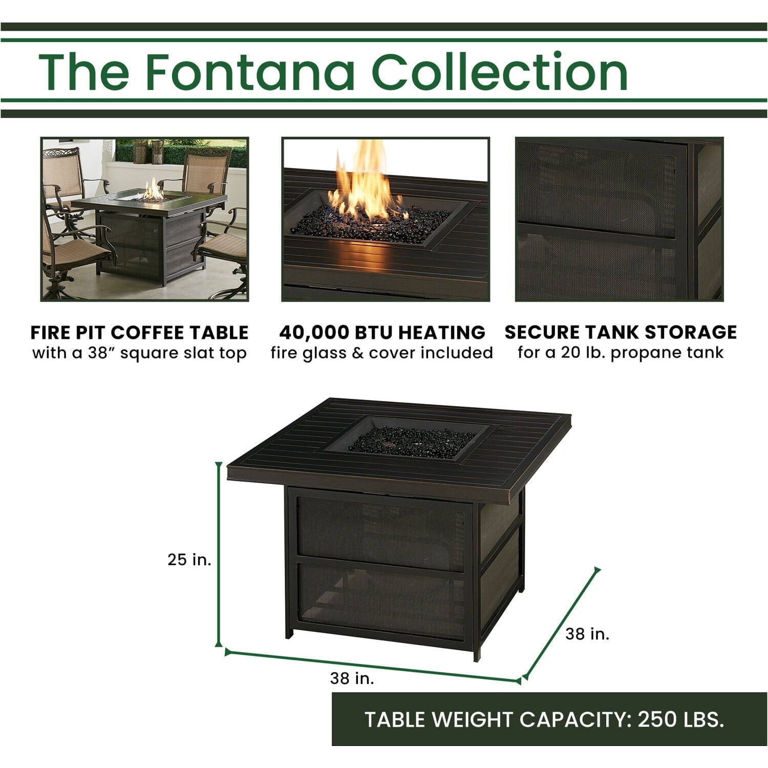Hanover Fire Table Dining Set Hanover - Fontana 5 Piece Fire Pit: 4 Sling Swivel Rockers, 38" Square Slat Top Fire Pit | FNT5PCSLSW4FP