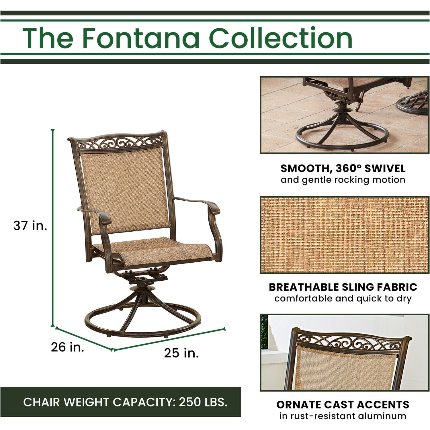 Hanover Fire Table Dining Set Hanover - Fontana 5-Piece Fire Pit Chat Set with 4 Sling Swivel Rockers and a 40,000 BTU Gas Durastone Fire Pit Coffee Table | FON5PCDSW4FP