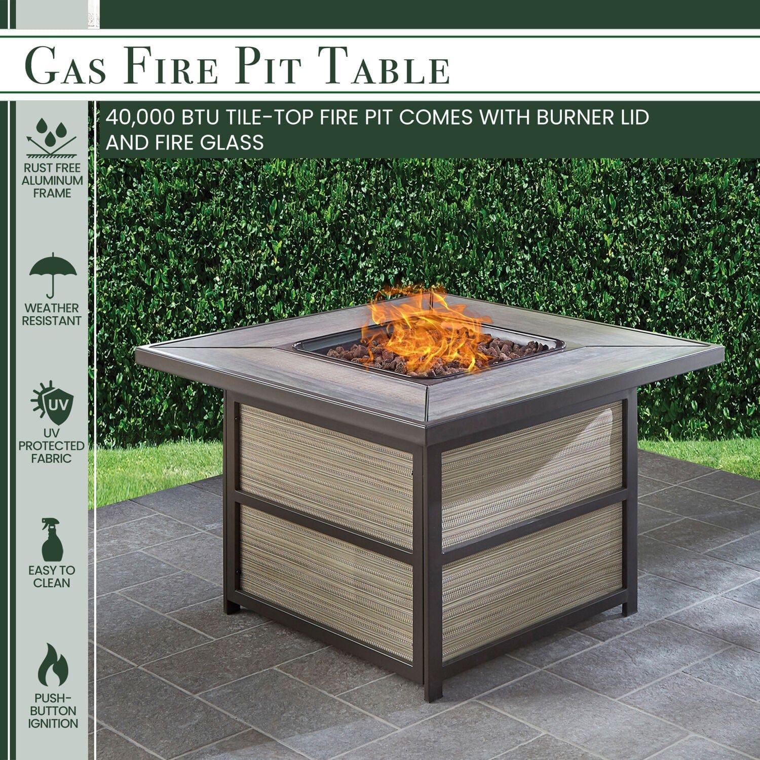 Hanover Fire Table Dining Set Hanover - Fontana 5-Piece Fire Pit Chat Set with 4 Sling Swivel Rockers and a 40,000 BTU Gas Durastone Fire Pit Coffee Table | FON5PCDSW4FP