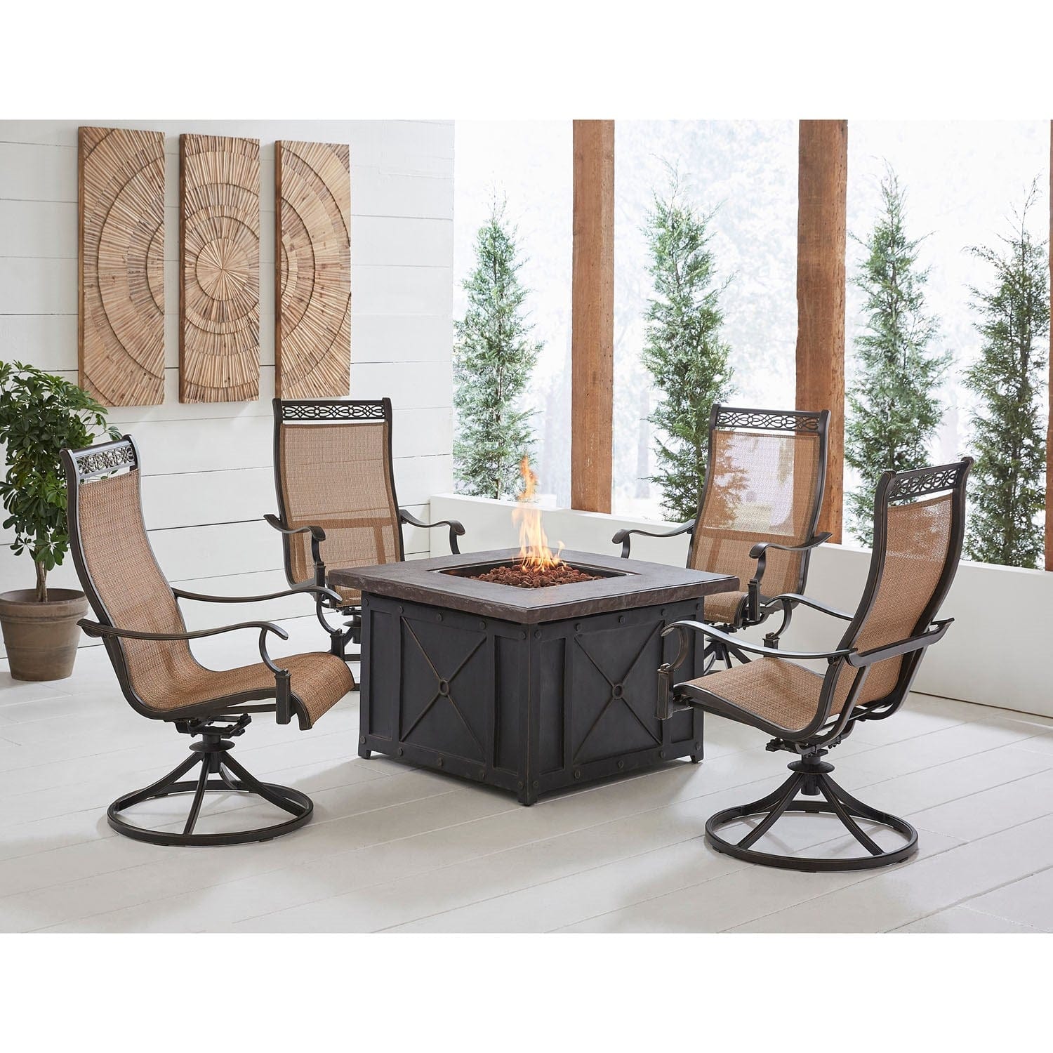 Hanover Fire Table Dining Set Hanover - Monaco 5-Piece Fire Pit Chat Set with 4 Sling Swivel Rockers and a 40,000 BTU Durastone Propane Fire Pit Coffee Table | 40x40 |  MON5PCSW4DFP