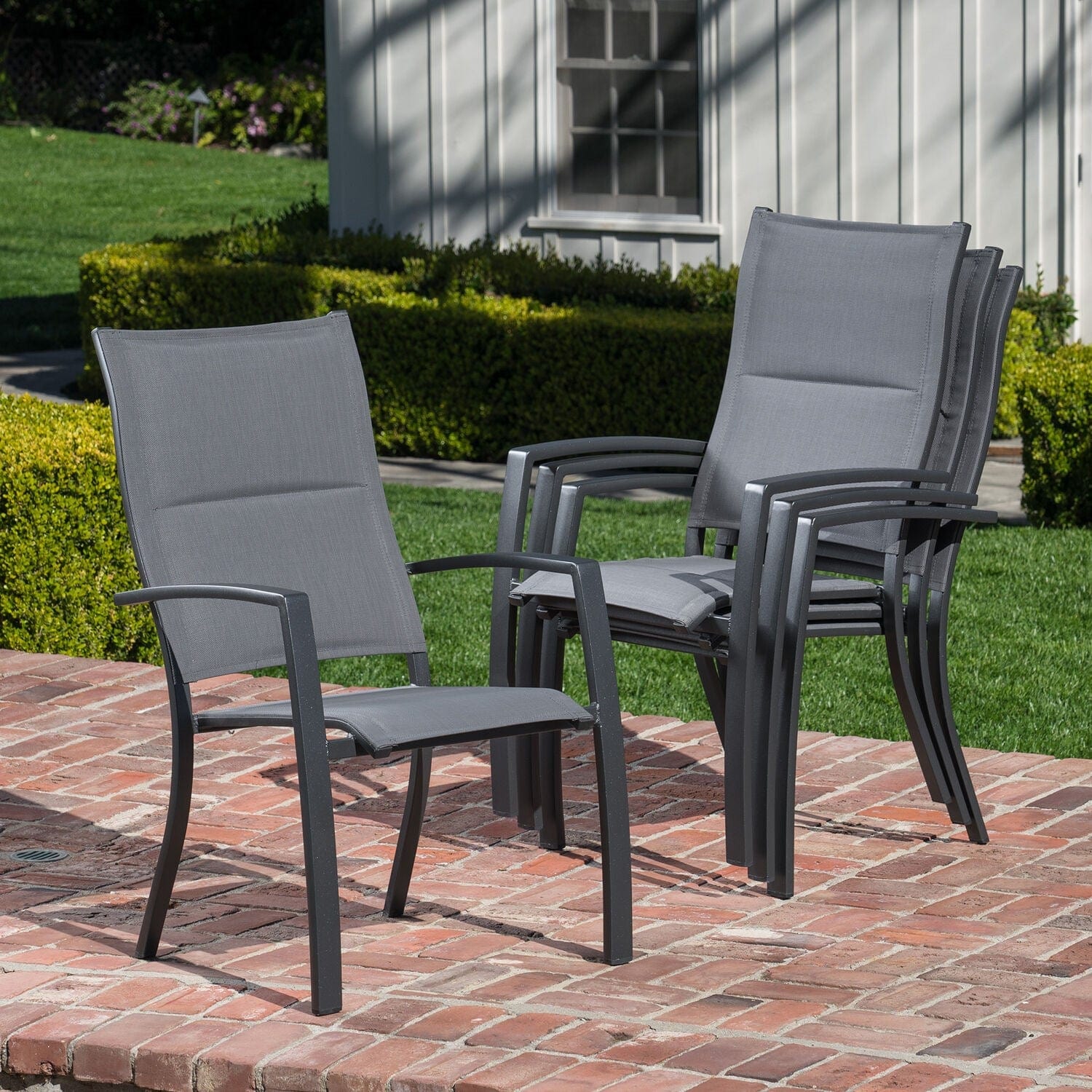 Hanover Fire Table Dining Set Hanover - Naples 5pc Fire Pit: 4 High Back Padded Chairs and Tile Top Fire Pit | 30x30 | NAPLES5PCHBFP-GRY