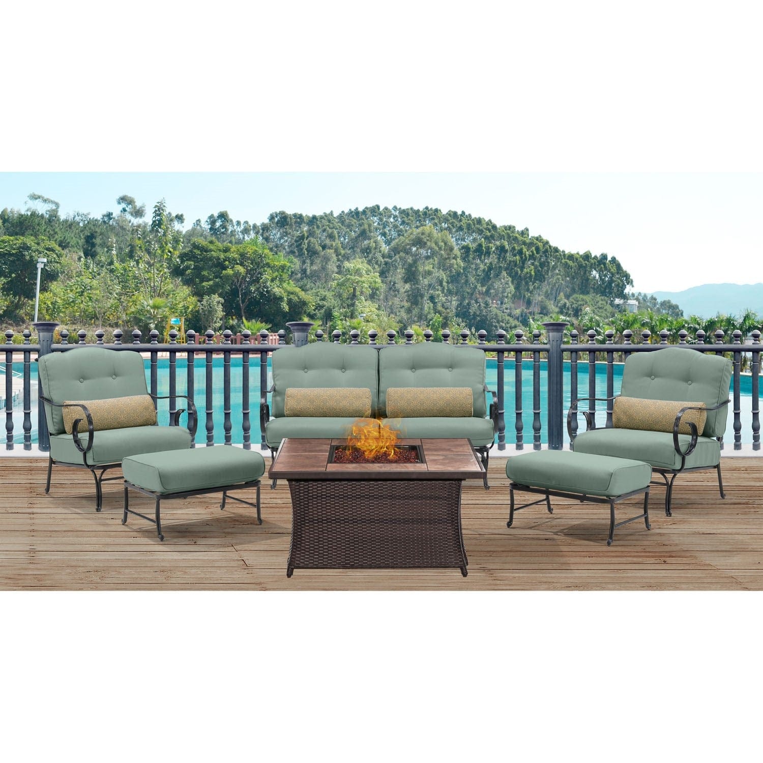Hanover Fire Table Dining Set Hanover - Oceana 6pc Fire Pit Set with Tan Tile Top | OCE6PCFP-BLU-TN
