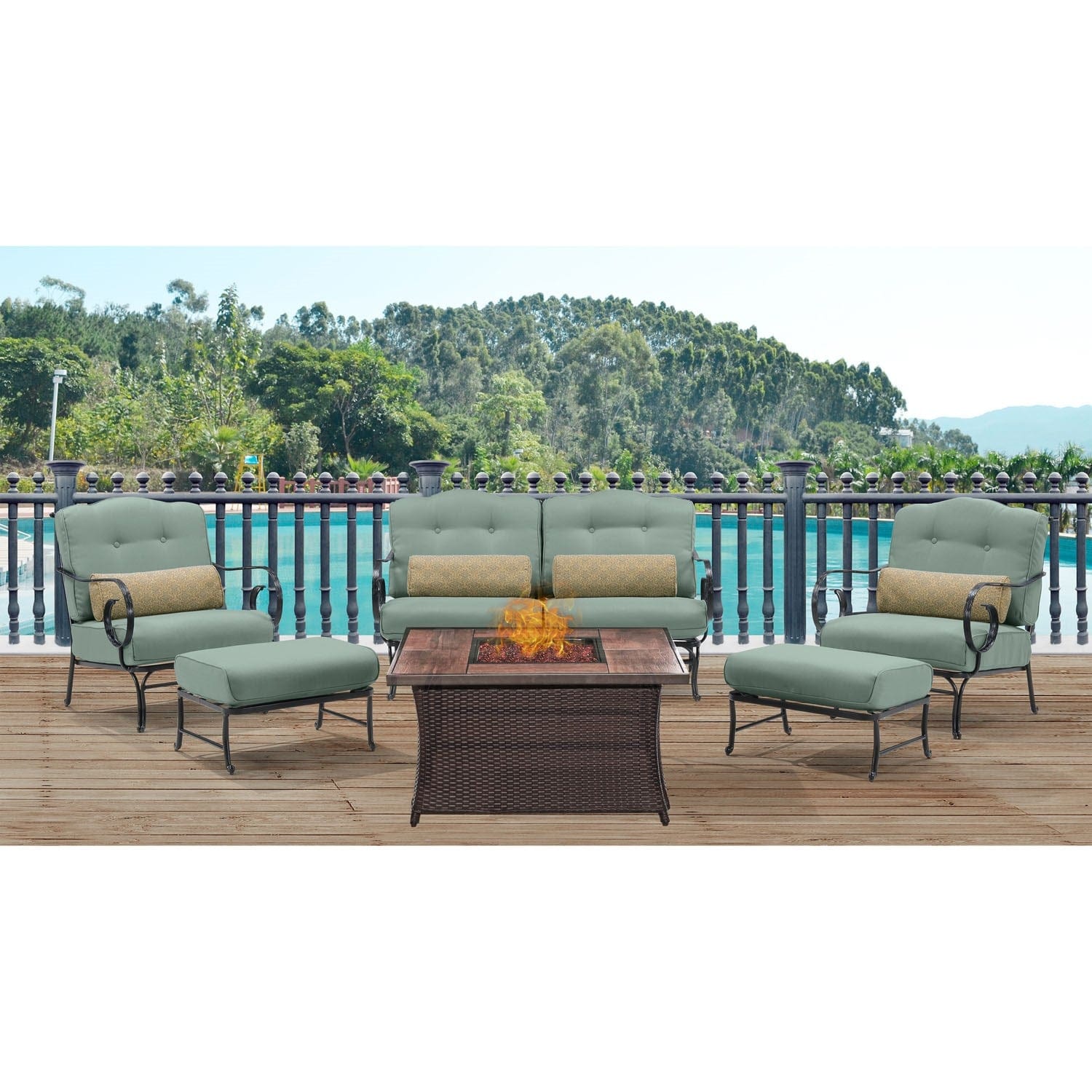 Hanover Fire Table Dining Set Hanover - Oceana 6pc Fire Pit Set with Wood Grain Tile Top | OCE6PCFP-BLU-WG