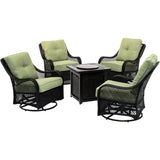 Hanover Fire Table Dining Set Hanover - Orleans 5-Piece Fire Pit Chat Set in Avocado Green with 4 Woven Swivel Gliders and a 26-In. Square Fire Pit Table | 31x34 | ORL5PCFPSQ-GRN
