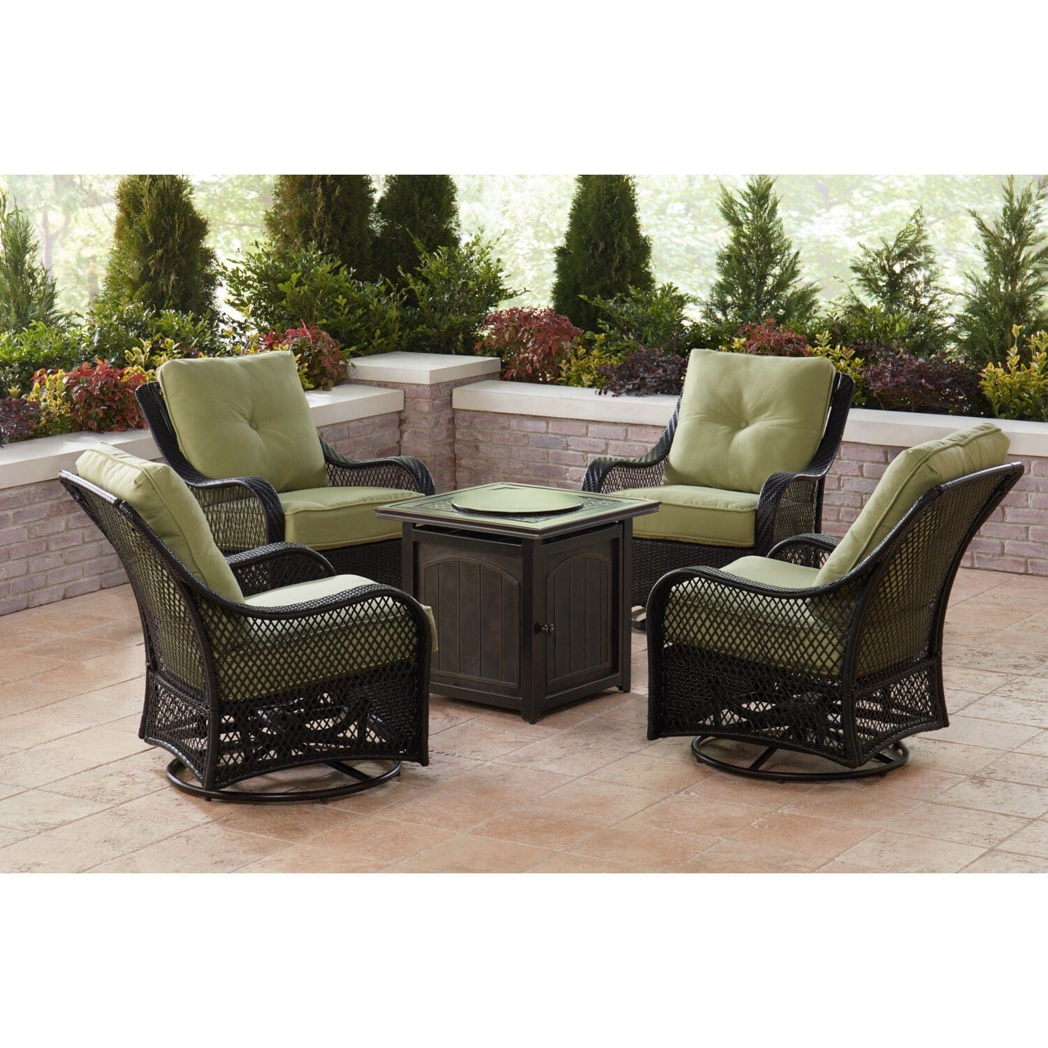 Hanover Fire Table Dining Set Hanover - Orleans 5-Piece Fire Pit Chat Set in Avocado Green with 4 Woven Swivel Gliders and a 26-In. Square Fire Pit Table | 31x34 | ORL5PCFPSQ-GRN