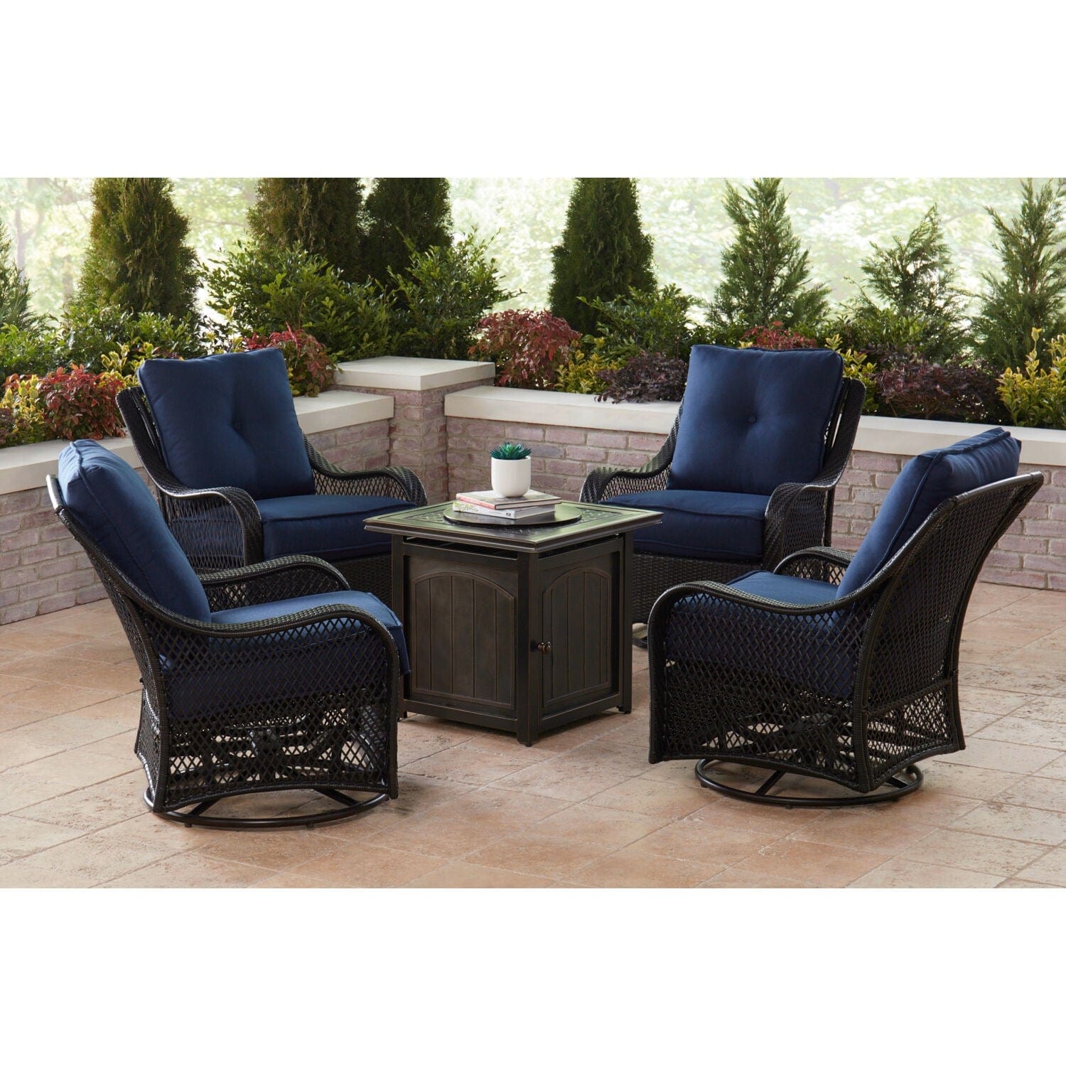 Hanover Fire Table Dining Set Hanover - Orleans 5-Piece Fire Pit Chat Set in Navy Blue with 4 Woven Swivel Gliders and a 26-In. Square Fire Pit Table | 31x34 | ORL5PCFPSQ-NVY