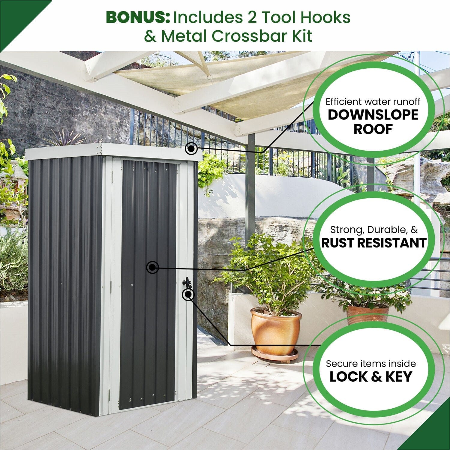 Hanover Hanover 3-Ft. x 3-Ft. x 6-Ft. Galvanized Steel Patio Storage Shed with Twist Lock and 2 Tool Hooks, Dark Gray/White
