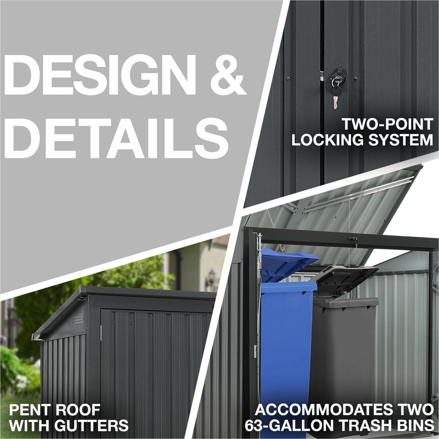 Hanover Hanover Galvanized Steel Trash and Recyclables Storage Shed with 2-Point Locking System, Dark Gray