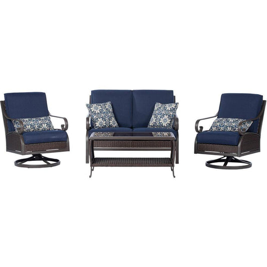 Hanover Hanover Madrid 4-Piece Wicker Chat Set with 2 Swivel Rocker Side Chairs, Loveseat and Glass Top Coffee Table in Navy