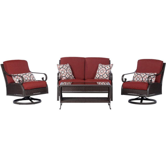 Hanover Hanover Madrid 4-Piece Wicker Chat Set with 2 Swivel Rocker Side Chairs, Loveseat and Glass Top Coffee Table in Red