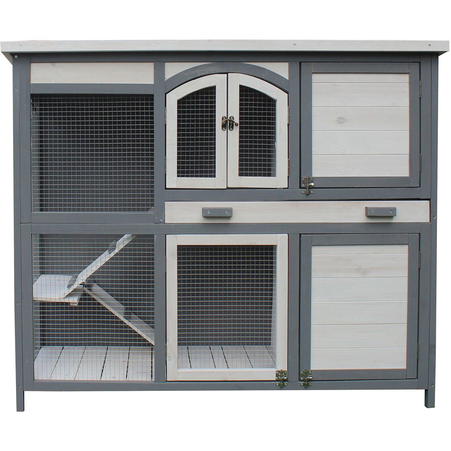 Hanover Hanover Outdoor Wooden 2-Story Rabbit Hutch with 2 Ramps, Wire Mesh Run and Removable Tray 4 Ft. W x 1.6 Ft. D x 3.4 Ft. H